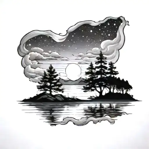 Landscape With Water And Sky Filled With Stars