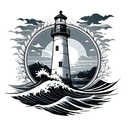Lighthouse And Wave Emblem Surrounded