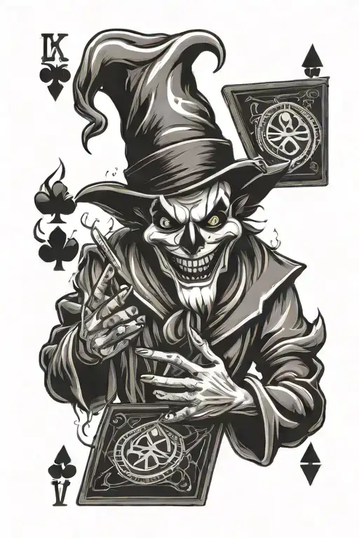 Evil Jester Juggling Playing Cards That Are On Fire