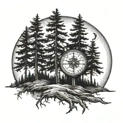 3 Pine Trees With Compass And Moon