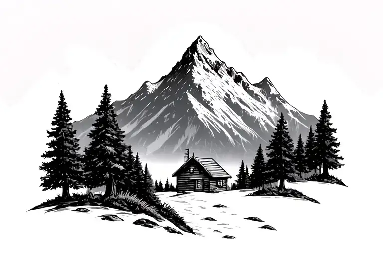 Mountain With Trees And Cabin
