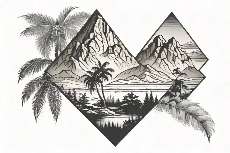 Landscape Mountains And Palm Trees Black Tattoo Realism Style Around Forearm