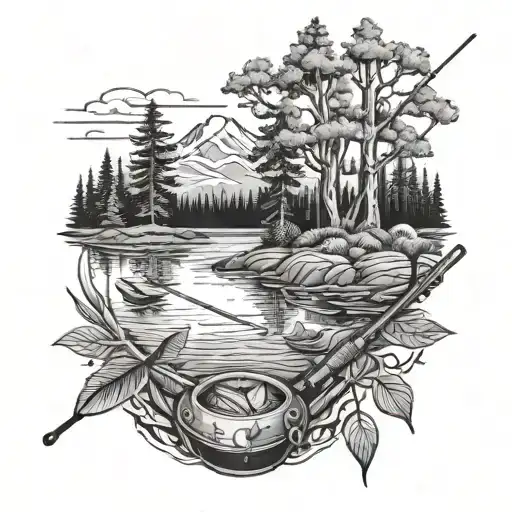 A Detailed Black And Grey Tattoo Of A Serene Wilderness Scene With A Fishing Rod