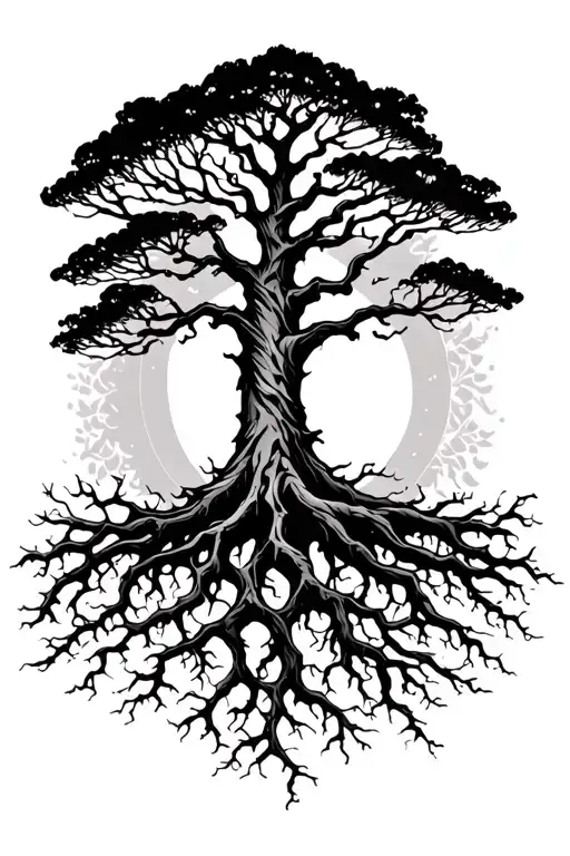 Tree Branches And Roots Silhouette Surrounded