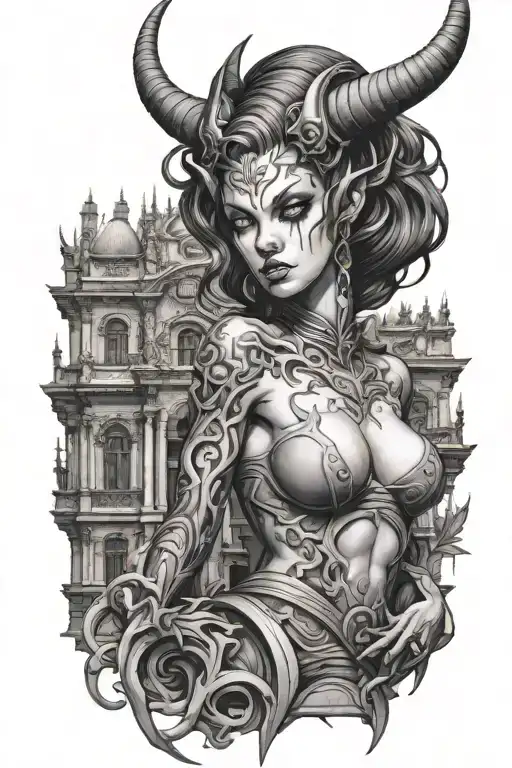 Demon Girl Against The Backdrop Of Architecture