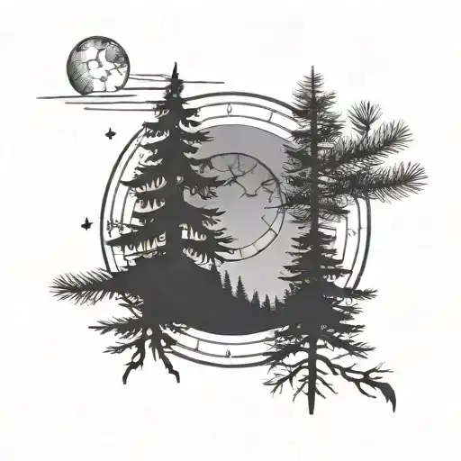 3 Pine Trees With Compass And Moon Above