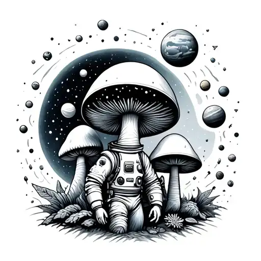 Mushroom And Astronaut And Solar Space System