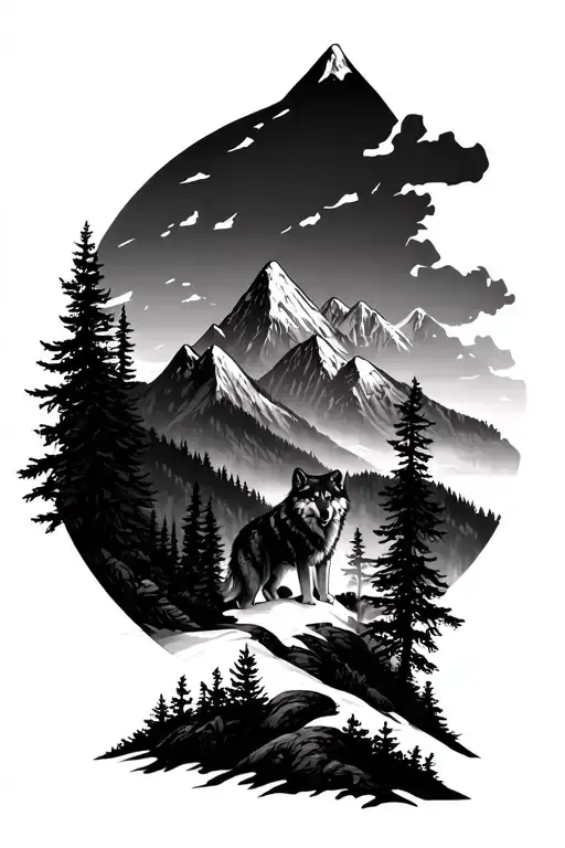 Forest Scene With Mountains And A Wolf Sleve