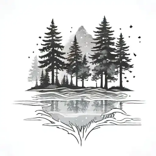 Masculine Trees With Water And Sky Filled With Stars