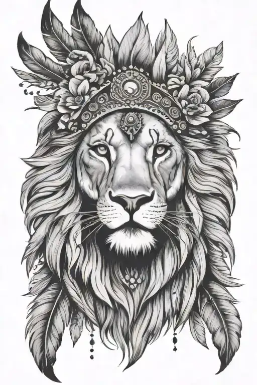 Lion Wearing Indian Feather Headpiece With Flowers
