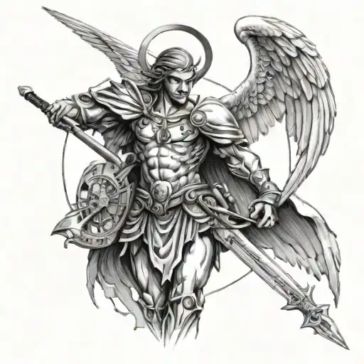 A Warrior Angel With A Sword In Each Hand While Having A Compass Above His Head