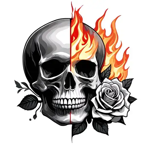 Half Of A Skull And Half Rose On Fire Inside