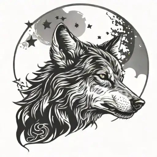 Full Wolf Silhouette Howling From The Side With A Moon And Stars Around It