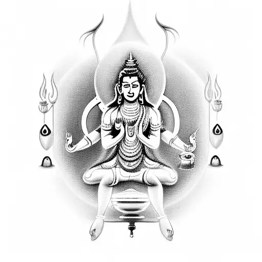 A Black-grey Tattoo Of Lord Shiva Meditating With A Dental Chair Incorporated In The Background