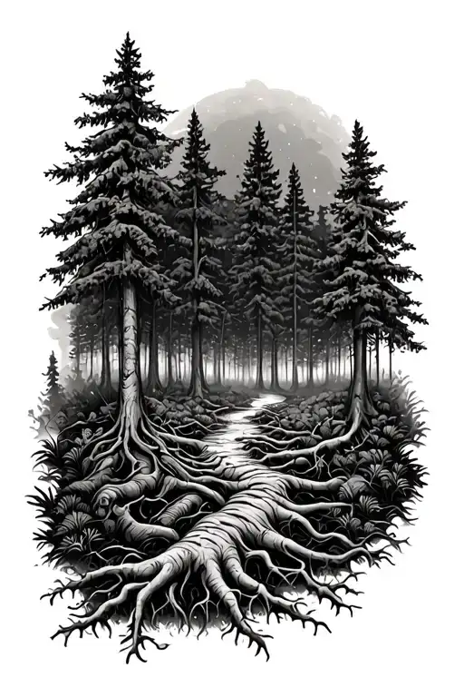 Forest With Root And Tortuous Path Going