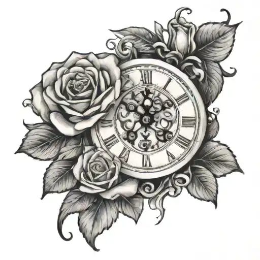 Rose With A Bow And Vintage Clock Surrounded