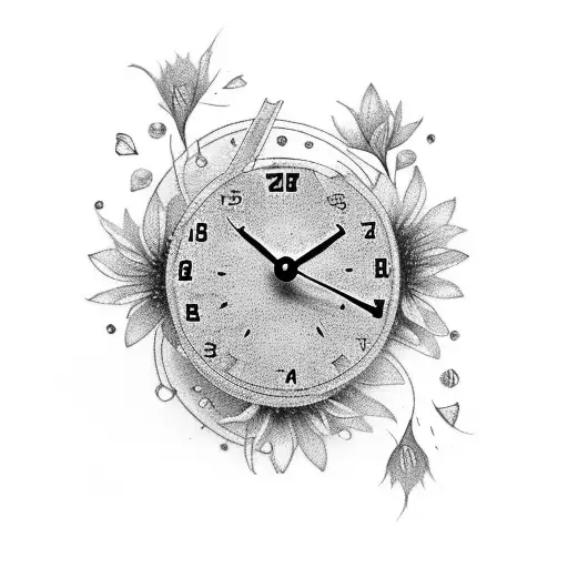 A Black And Grey Tattoo Of A Clock Face With Delicate Flower Petals Falling From It