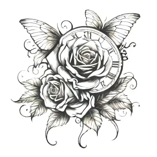 Rose With A Bow And Vintage Clock Surrounded My Music Notes