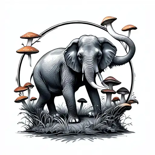 A Circle Of Mushrooms With A Walking Elephant