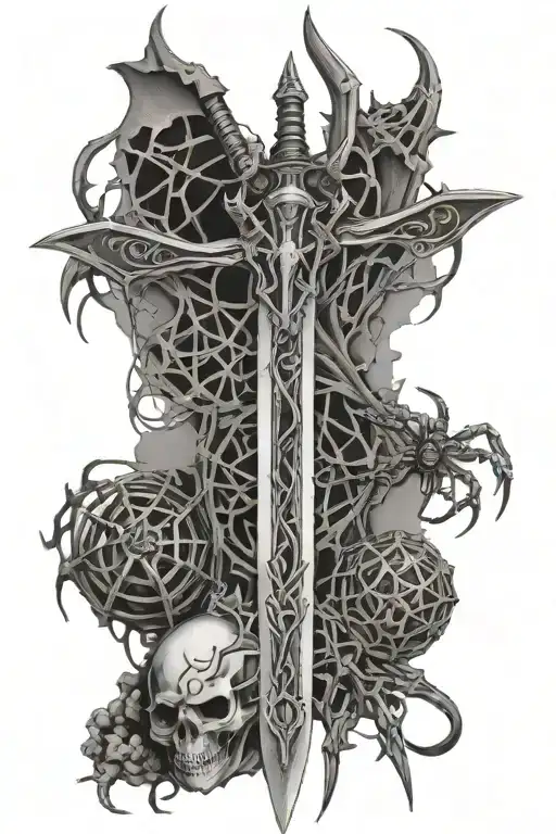 Sword And Spiders With Webs Surrounding