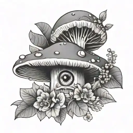 Mushroom With Female Eye In The Center Surrounded By Floral And Leaves