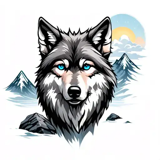 Wolf With Blue Eyes Mountains And Rocks And Clouds