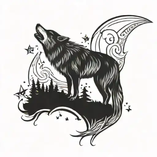 Wolf Howling From The Side With A Moon And Stars Around It