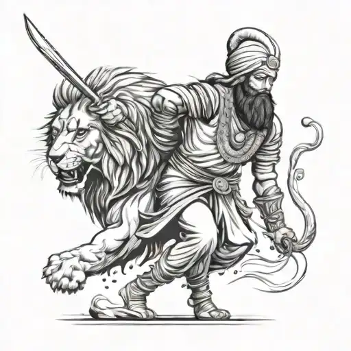 Sikh Warrior Fighting With Lion