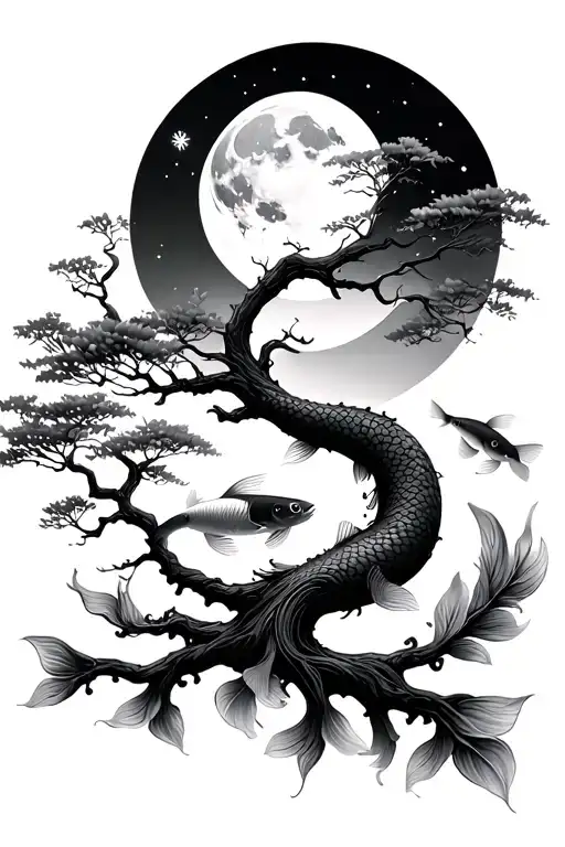 Autumn Tree Blowing With Moon Above And Koi Fish Swimming In A Circle Around The Moon