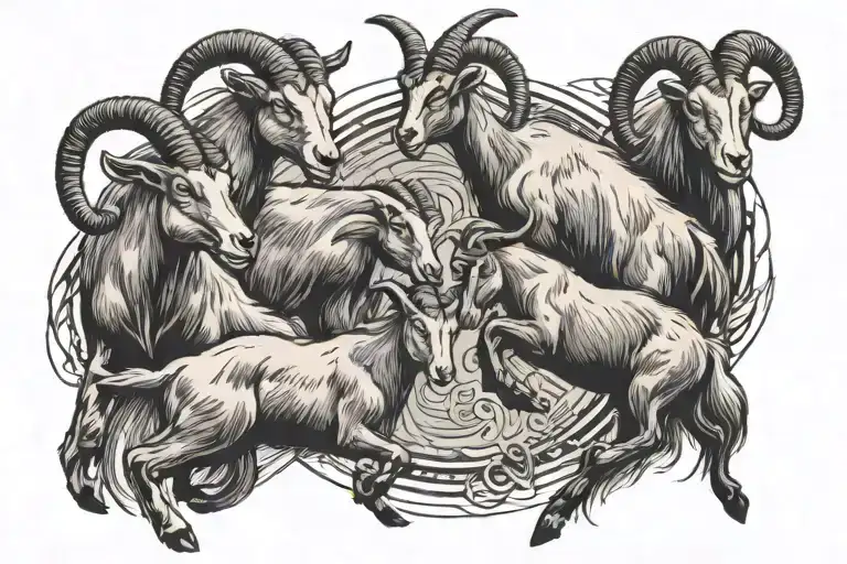 Goats Galloping In A Circle On Their Hind Hooves With Different Moods Old School Sketch