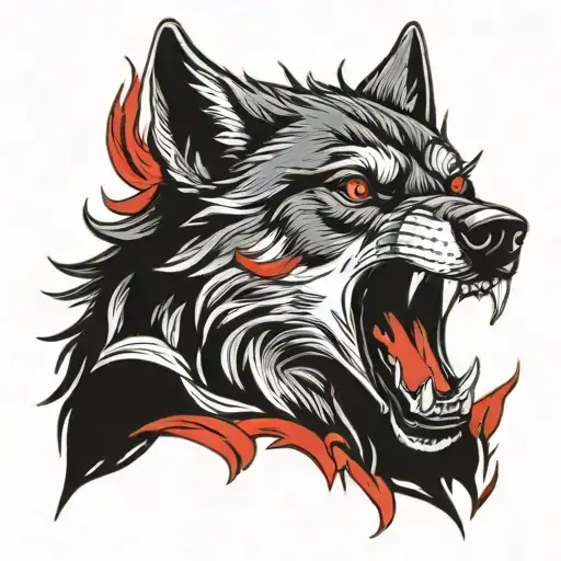 An Angry Black Wolf With Red Eyes Looking Straight Ahead And Fire Coming Out Of His Eyes