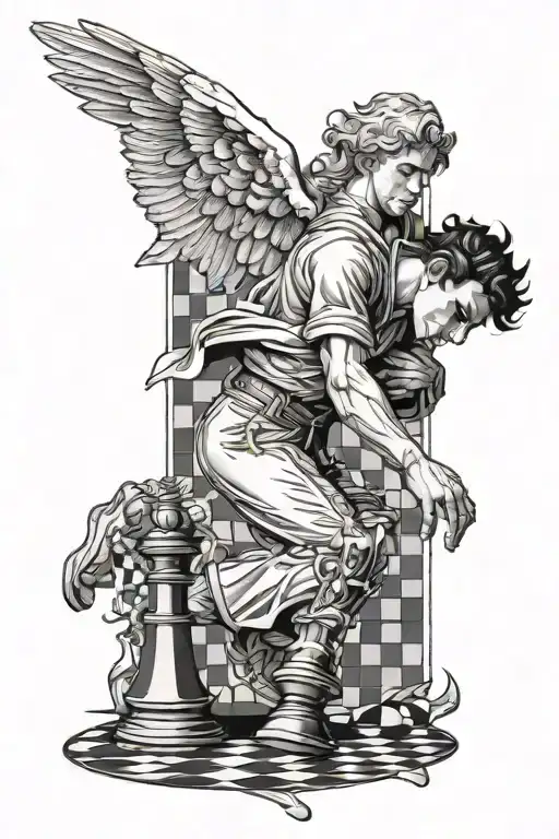 Falling Male Angel Catching A Chess Piece