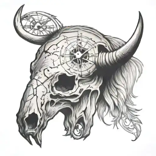 Simple American Bison Skull With Compass Behind It
