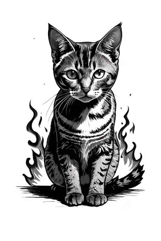 Cat Sketch And On The Back Of The Background Fire As A Symbol