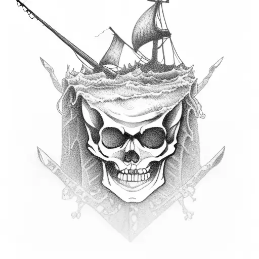 Dead Skeleton Pirate On A Cliff Fishing A Brautiful Mairmaid In A Stormy Sea