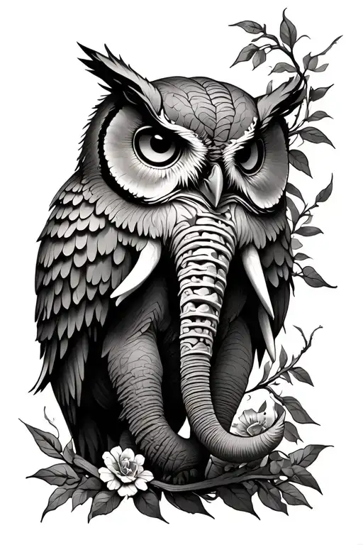 Owl And Elephant Spine Tattoo With Vines Wrapped