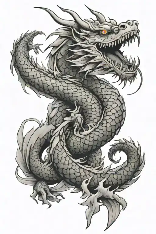 Asian Dragon Wrapped Around Koi Fish Swimming