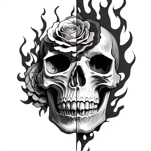 Half Skull Half Rose On Fire