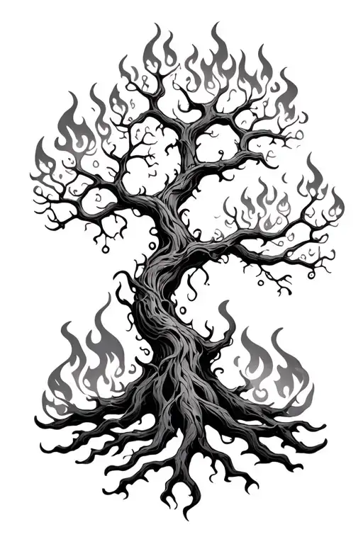 A Fully Grown Vine Tree Intertwined With Fire Flames