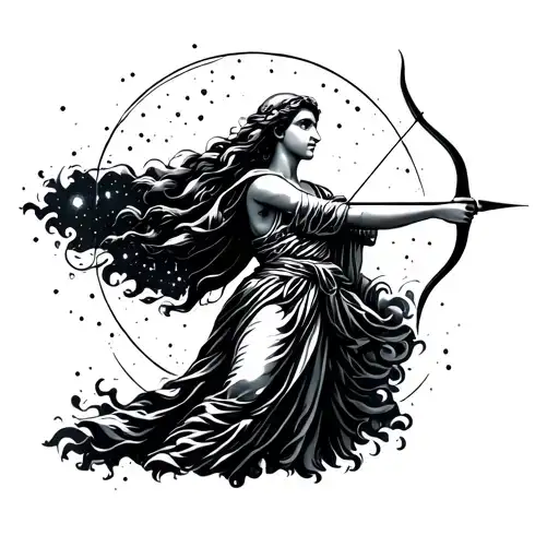Greek Goddess Shooting An Arrow With The Orion Constellation In The Background