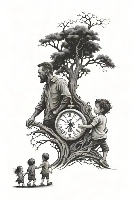 Father Holding Hands With Son And Daughter Walking Up Steps To Tree Of Life With Clock