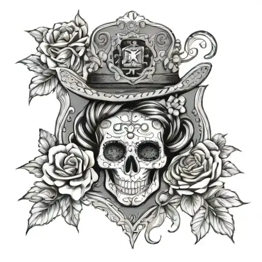 Female Sugar Skull Surrounded By Flowers With A Sheriff Badge