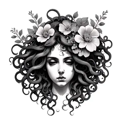 Basic Medusa Sketch With Flowers Blooming