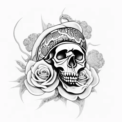 Skull With Flowers And Snake Coming Out Of Eye