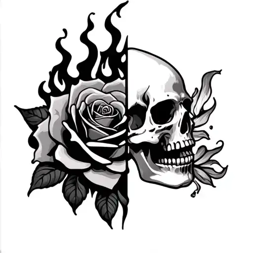 Half Of A Skull And Half Rose On Fire