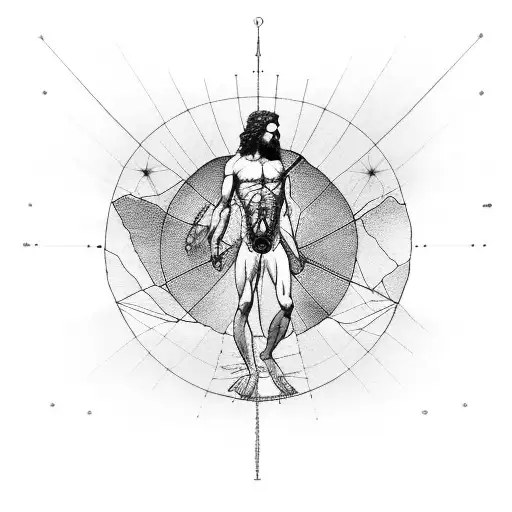 Small Vitruvian Man Flying Above A Mountain Range At Sunset