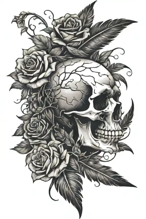 Skull Surounded With Roses Budding And Indin Feather's Behind The Skull Long Ways