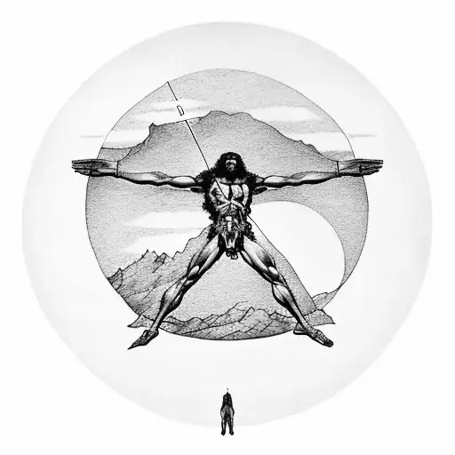 Vitruvian Man Hovering Above Mountain Peaks At Sunset