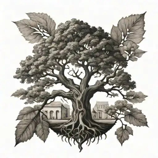 Realism Oak Tree Tattoo With Roots Coming From A Torah