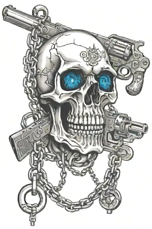 Blue Eye Skull And Gun Hanging Around With Iron Chain Wrapped